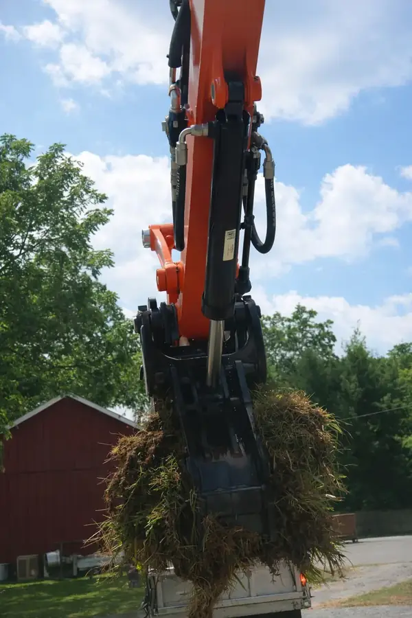 Excavator removing brush from an overgrown property