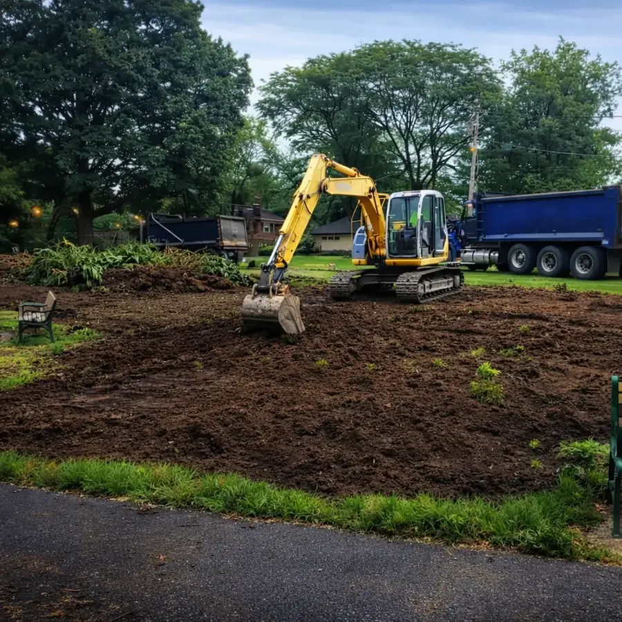 Excavator and dump truck clearing a residential property